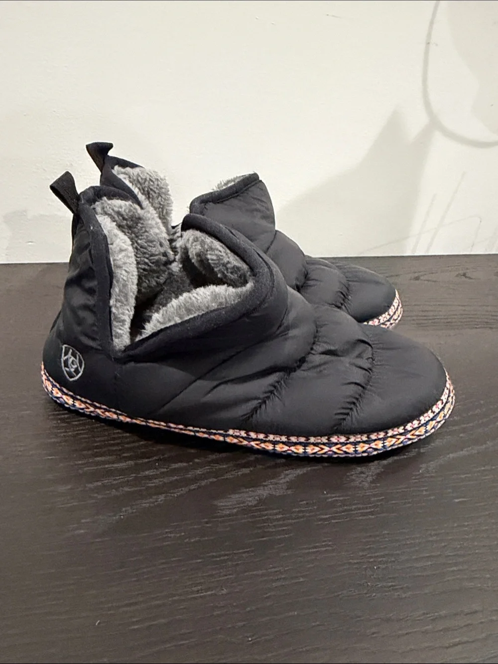 Ariat Black Puffer  Slipper Boots with Grey Faux Fur Trim